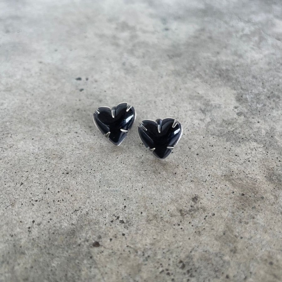 Jewelry Lisa Crowder Enamel | Tiny Enamel Heart Post Earrings-Black