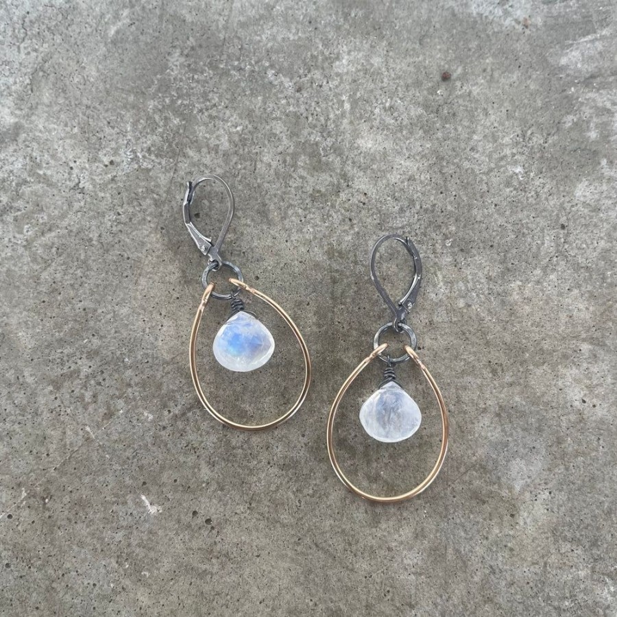 Jewelry Lisa Crowder Metal | Single Stirrup 2 Tone Earrings With Rainbow Moonstone