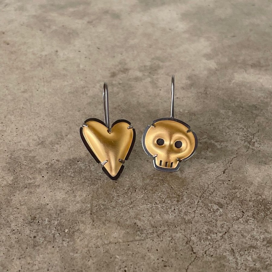 Jewelry Lisa Crowder Metal | Mismatch Heart And Skull Earrings 2 Tone