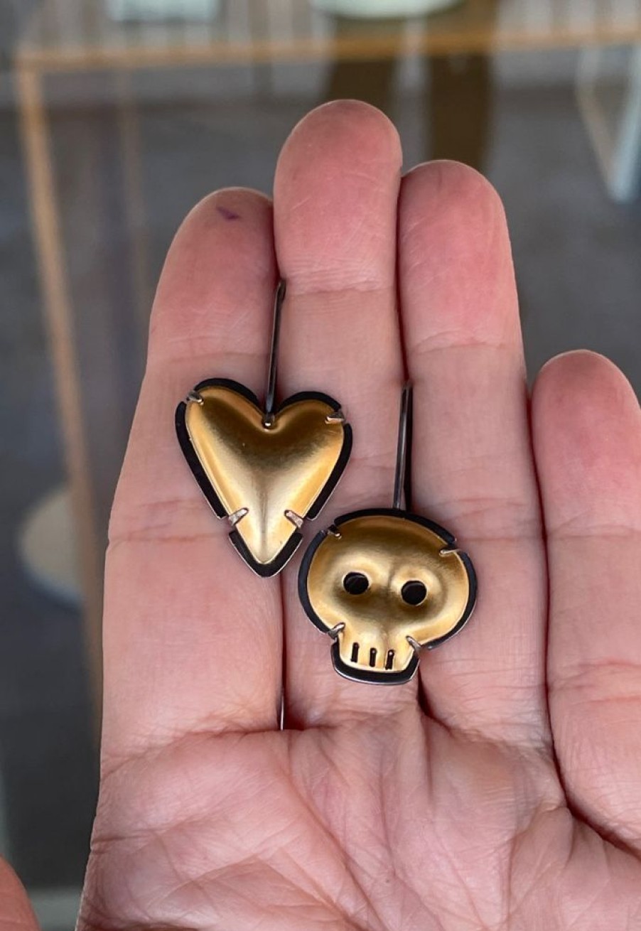 Jewelry Lisa Crowder Metal | Mismatch Heart And Skull Earrings 2 Tone