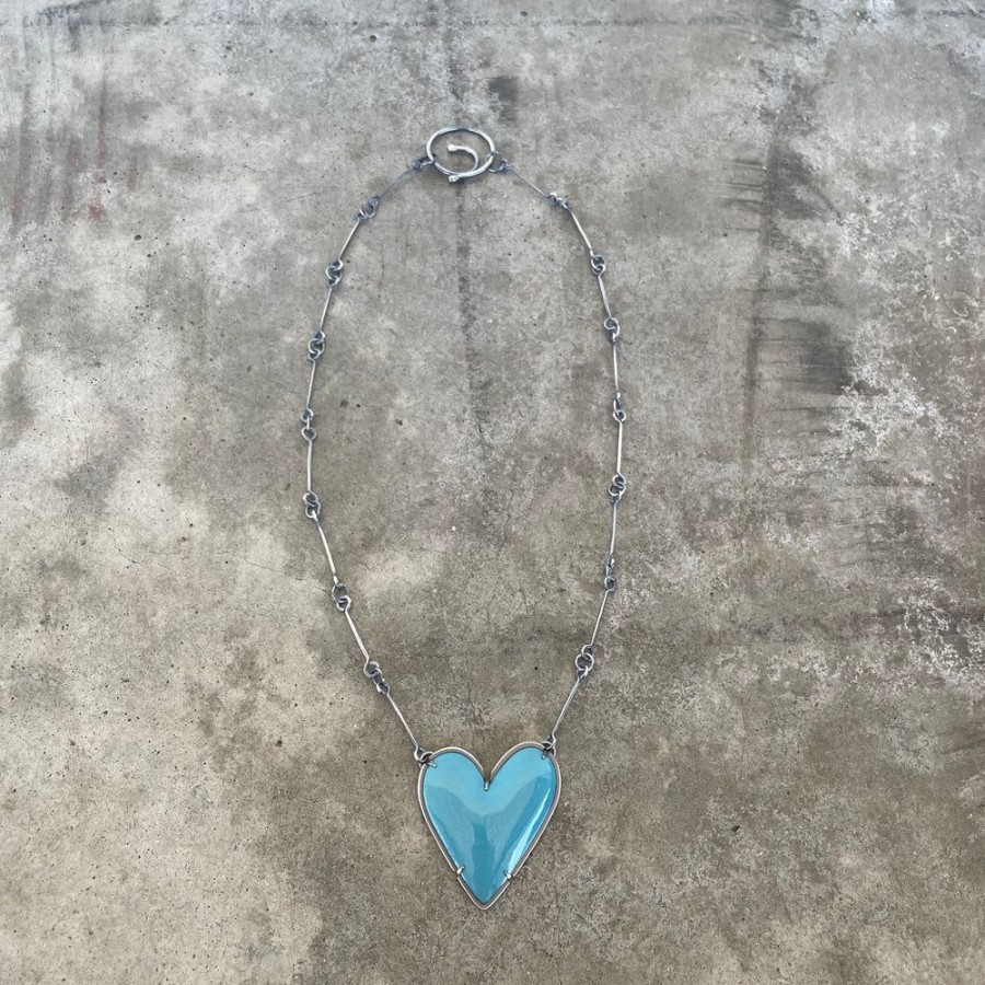 Jewelry Lisa Crowder Enamel | Large Enamel Heart Necklace-Turquoise