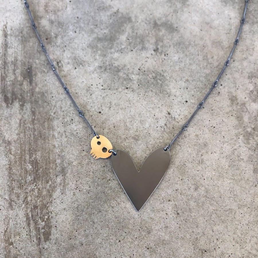 Jewelry Lisa Crowder Metal | Asymmetrical Heart Skull Necklace