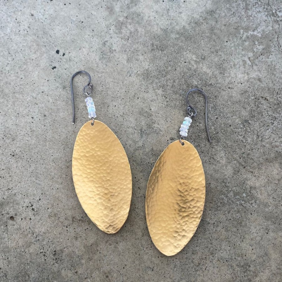 Jewelry Lisa Crowder Metal | Hammered Oval Drop Earrings With Opal