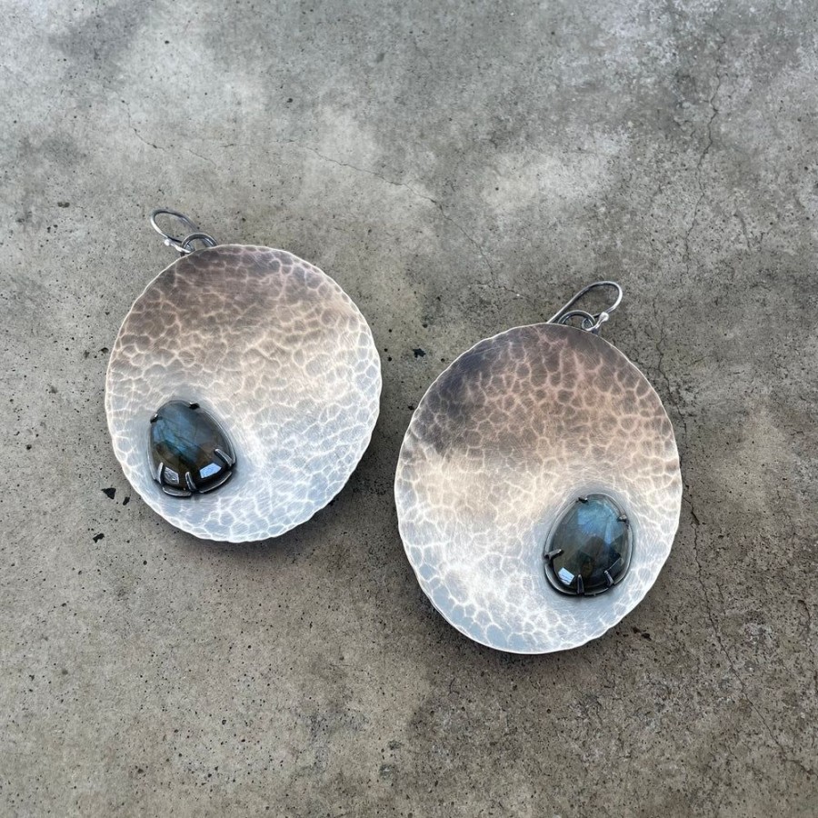 Jewelry Lisa Crowder Metal | Fantastically Large Hammered Oval Earrings With Labradorite