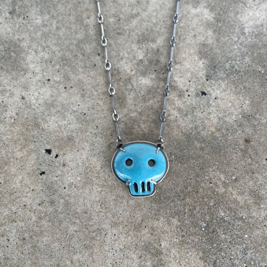 Jewelry Lisa Crowder Enamel | Tiny Turquoise Skull Necklace