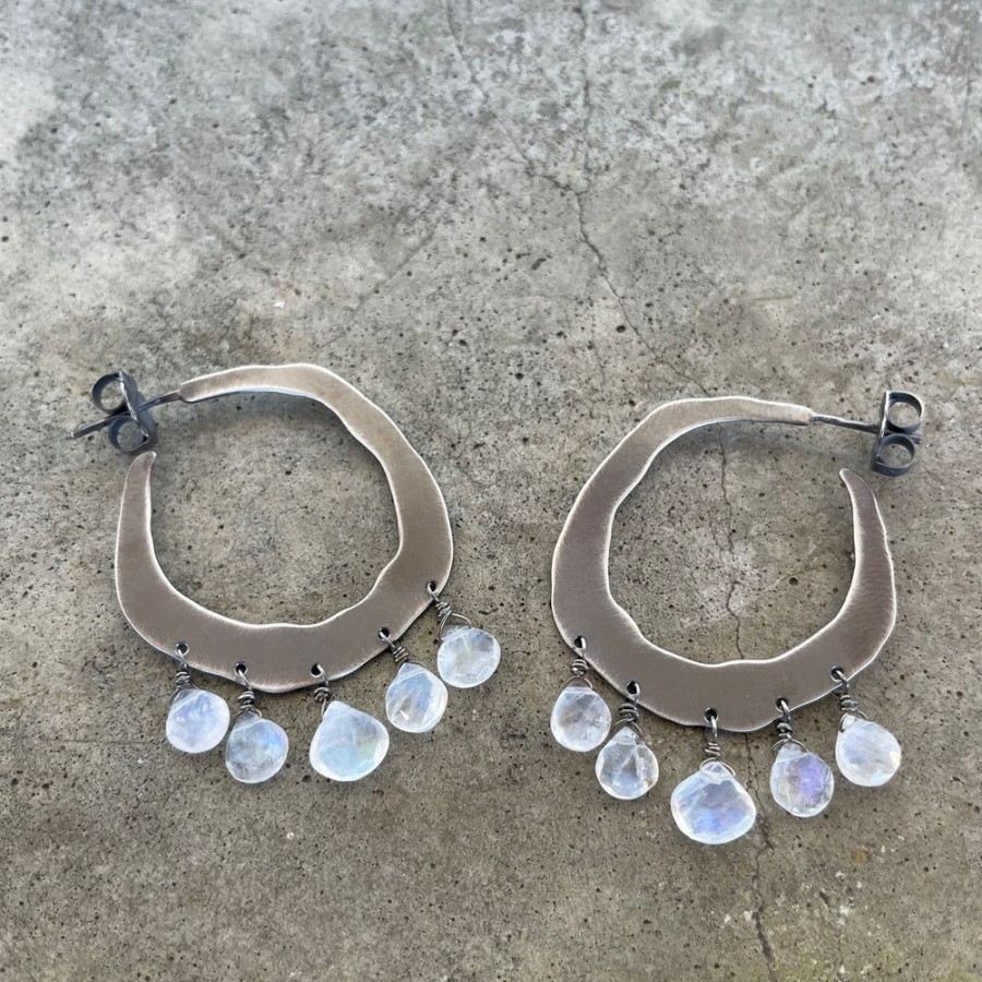 Jewelry Lisa Crowder Metal | Small Rainbow Moonstone Rough Cut Hoops