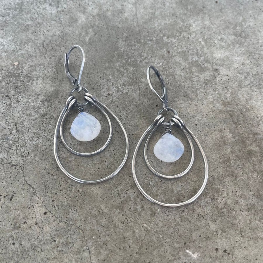 Jewelry Lisa Crowder Metal | Medium Double Stirrup Earrings With Rainbow Moonstone