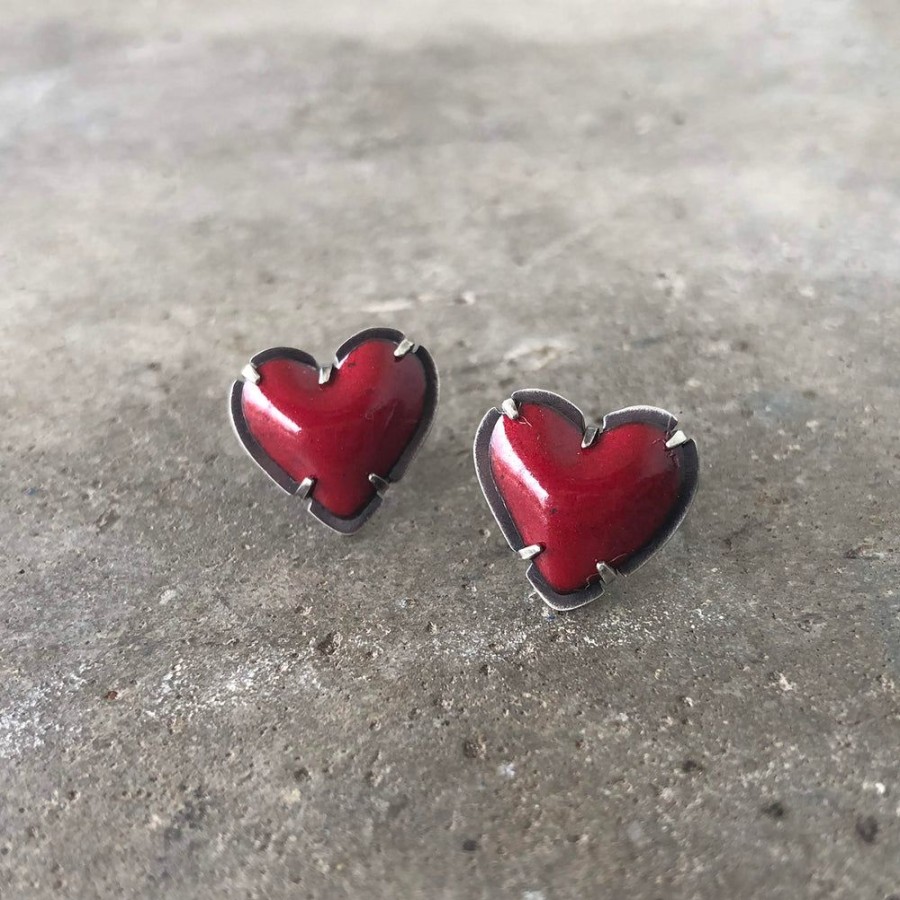 Jewelry Lisa Crowder Enamel | Tiny Enamel Heart Post Earrings-Red