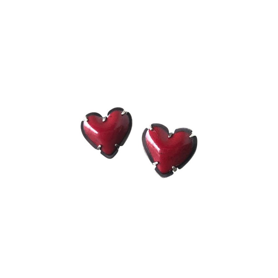 Jewelry Lisa Crowder Enamel | Tiny Enamel Heart Post Earrings-Red